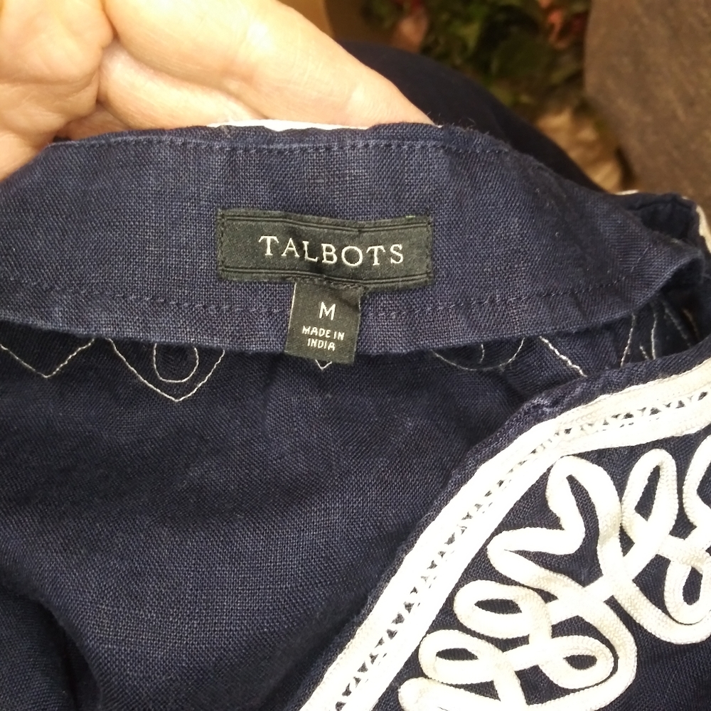 Talbots Navy & White Cord Trimmed Preppy/Coastal Linen Tunic - Picture 7 of 9